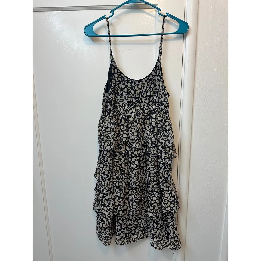 Who What Wear Womens Floral Tiered Ruffle Mini Dress Black Cream Sz M Sleeveless